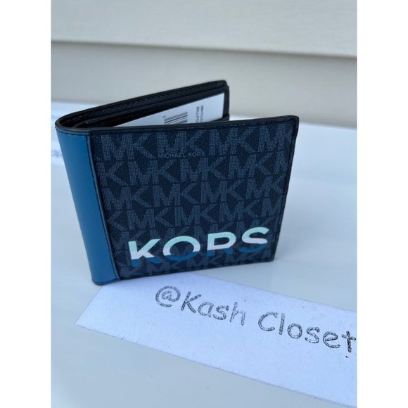Michael Kors Cooper Mens Wallet Billfold Logo and Faux Leather -Blue - Picture 1 of 7